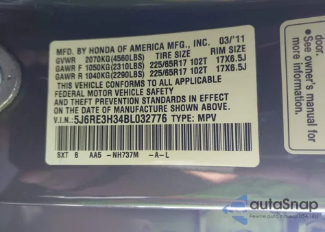 2011 Honda Cr-V Lx from USA, damaged, VIN 5J6RE3H34BL032776